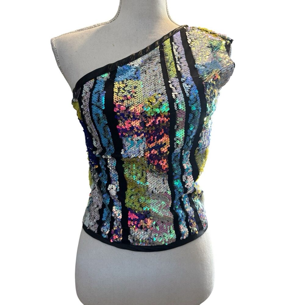 Vintage One Strap Sequin Bustier Top Multico Beaded Festival Party Club Blouse